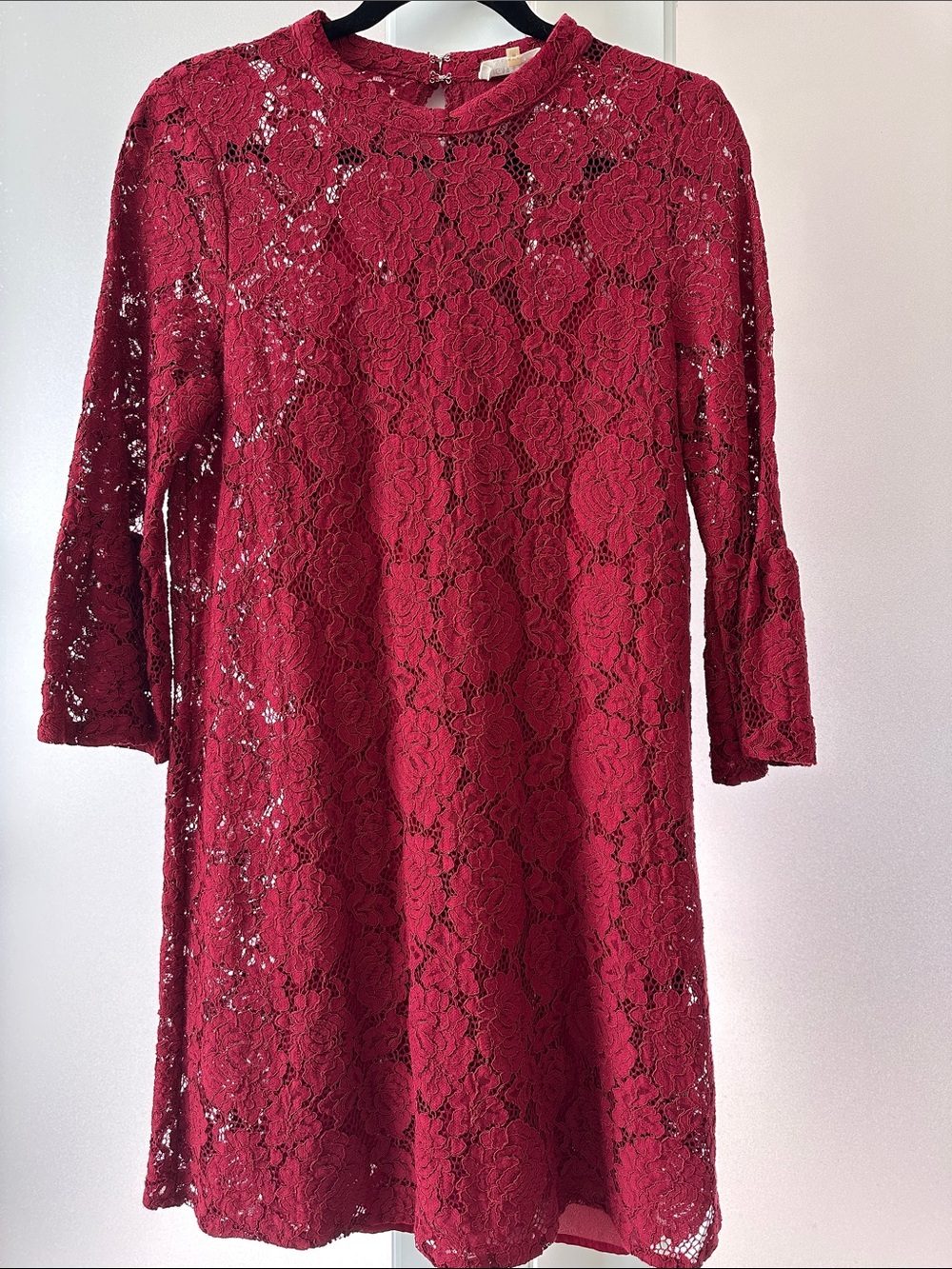Sugarlips Wine Red Floral Lace Long Sleeve Shift Dress